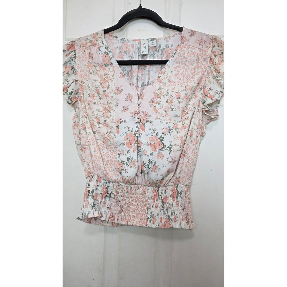 Joie Floral Smocked Blouse Womens Small Pink Ruffle Cap Sleeve V-Neck 1288952‎